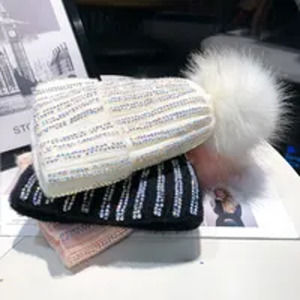 White Womens Faux Fur PomPom Rhinestone Beads Beanie